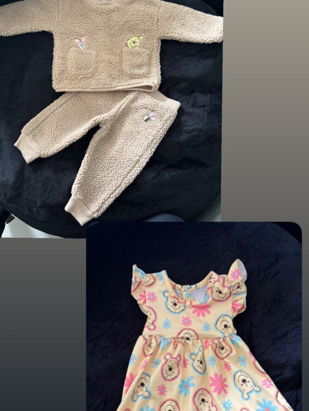 Beige Teddy Sherpa Two-Piece Set + Pooh Print Dress